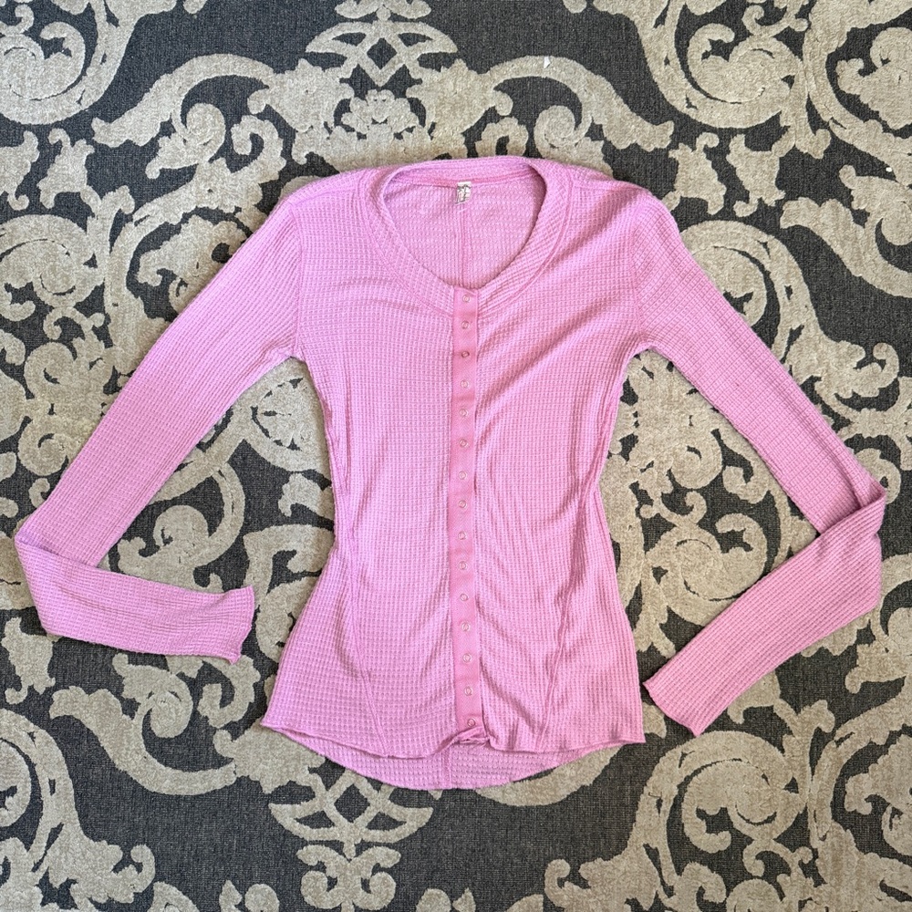 Free People Pink Ribbed Button-Down Shirt